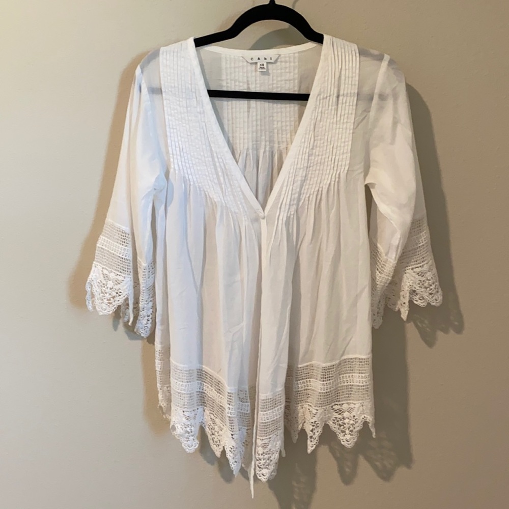 CAbi Crochet Pintuck Eyelet Boho V-Neck Tunic White Sz XS